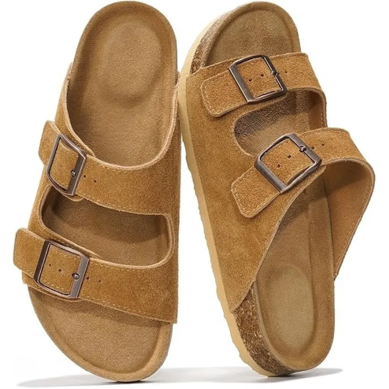 Adjustable Leather Flat Sandals With Textured Outsole