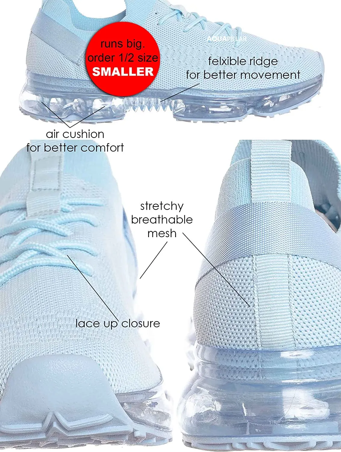 Aquapillar Stretch Elastic Mesh Sneaker - Festival Lace Up Rubber Air Bubble Cushion Light Blue