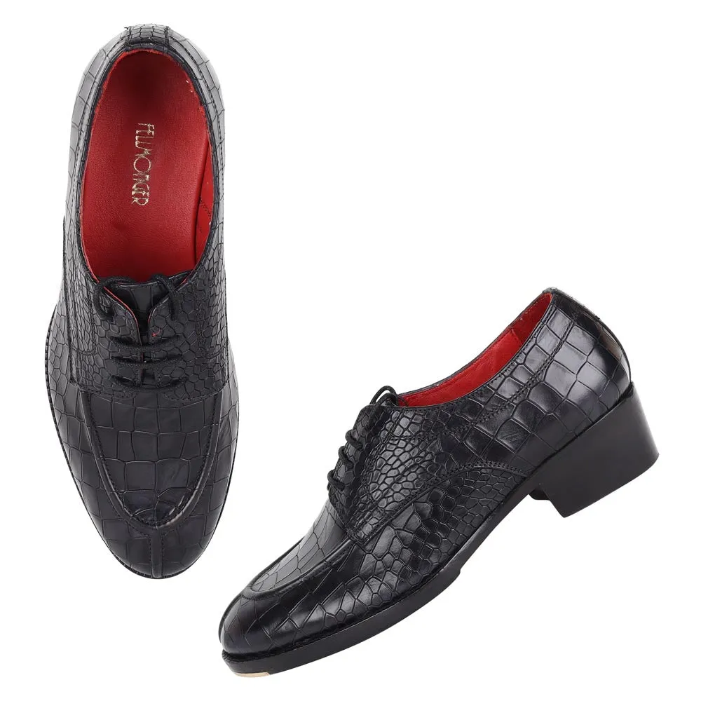 Black Croco Glossed Apron Toe Derby   Metal Toe