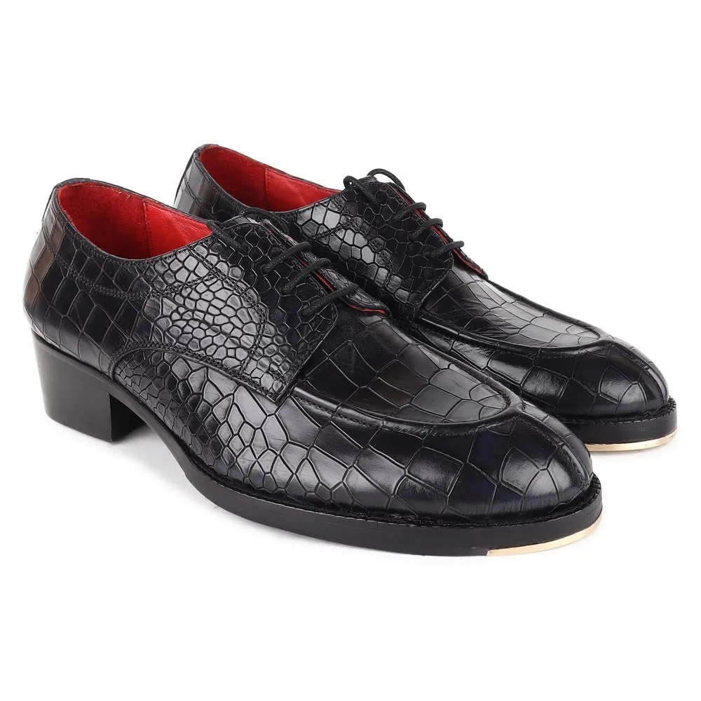 Black Croco Glossed Apron Toe Derby   Metal Toe