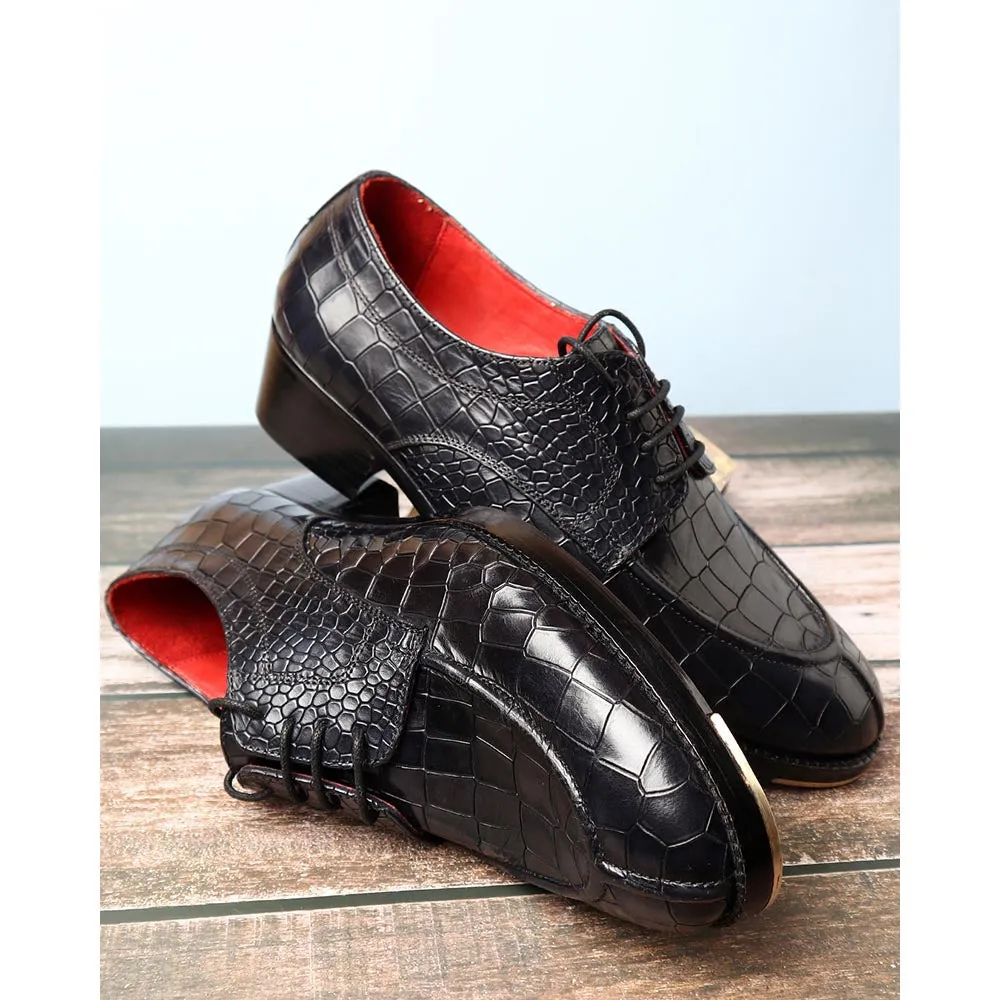 Black Croco Glossed Apron Toe Derby   Metal Toe