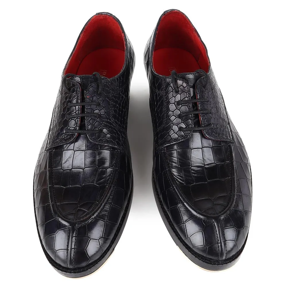 Black Croco Glossed Apron Toe Derby   Metal Toe