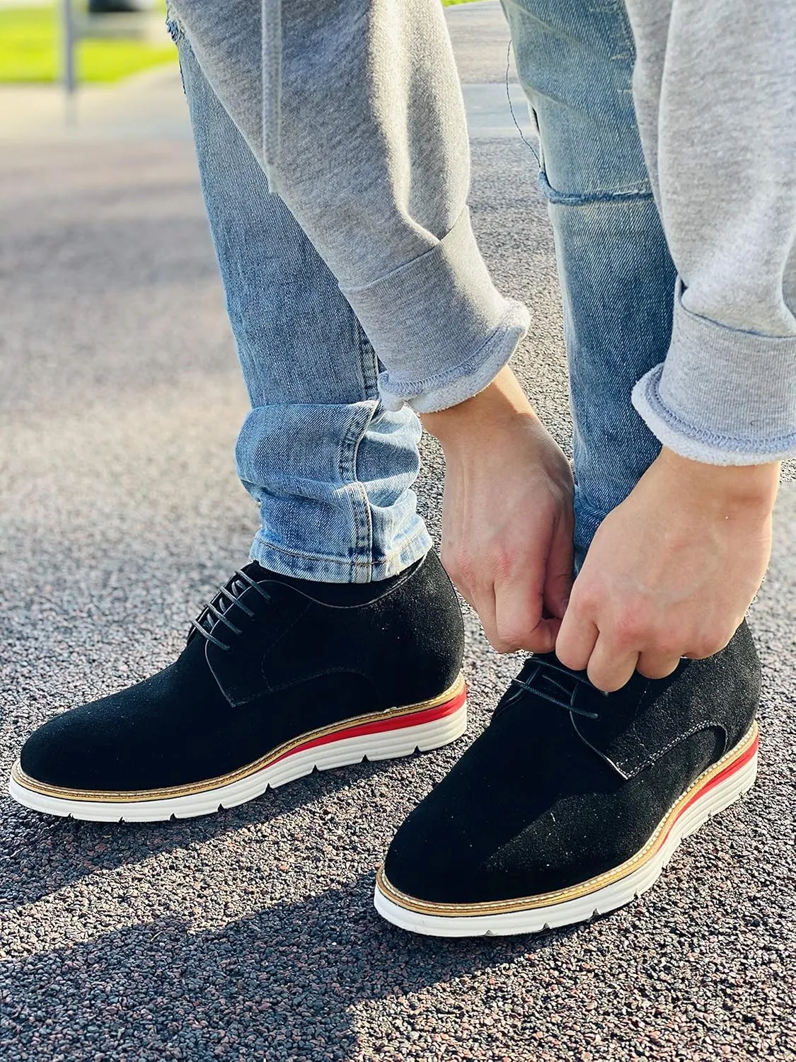 CALTO Men's Invisible Height Increasing Elevator Shoes - Black Nubuck Leather Lace-up Casual Derby - 3.2 Inches Taller - Y4222 - Size 7 D(M) US