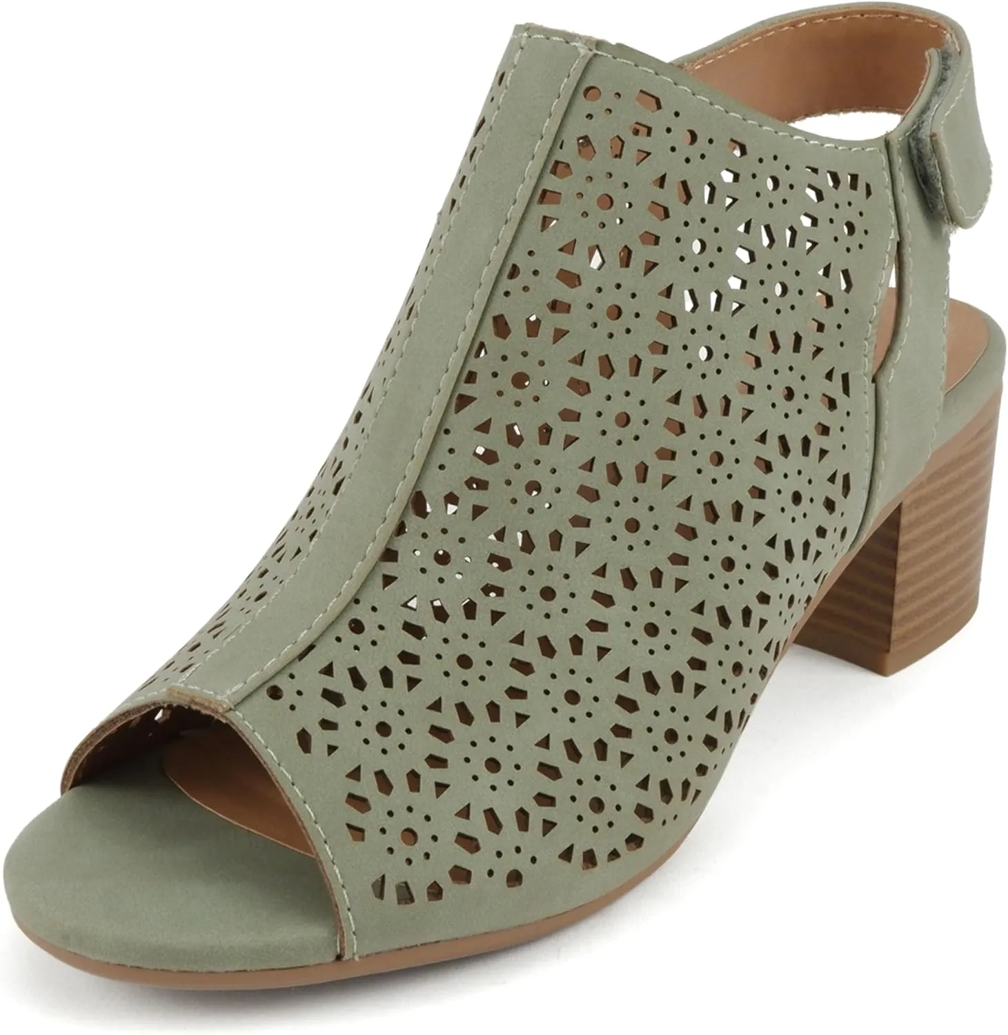 Daisy - Women's Caged Geometric Laser Cut Out Peep Toe Chunky Stacked Heel Ankle Sandal