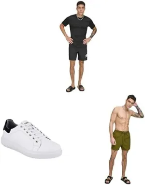 DKNY Men's Short Sleeve UPF 40  Top, Eva Sole Sneakers, and UPF 40  Swim Trunk Bundle