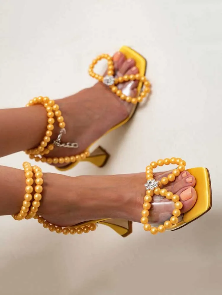 Elegant Square Toe Pearl Bow Heels