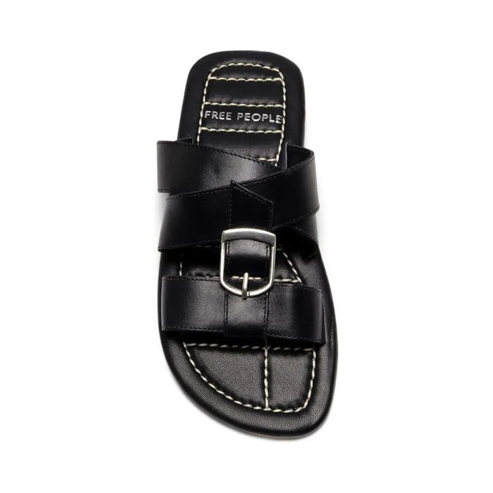 Free People Sandals Sloan Black Leather Buckle Flat Slides