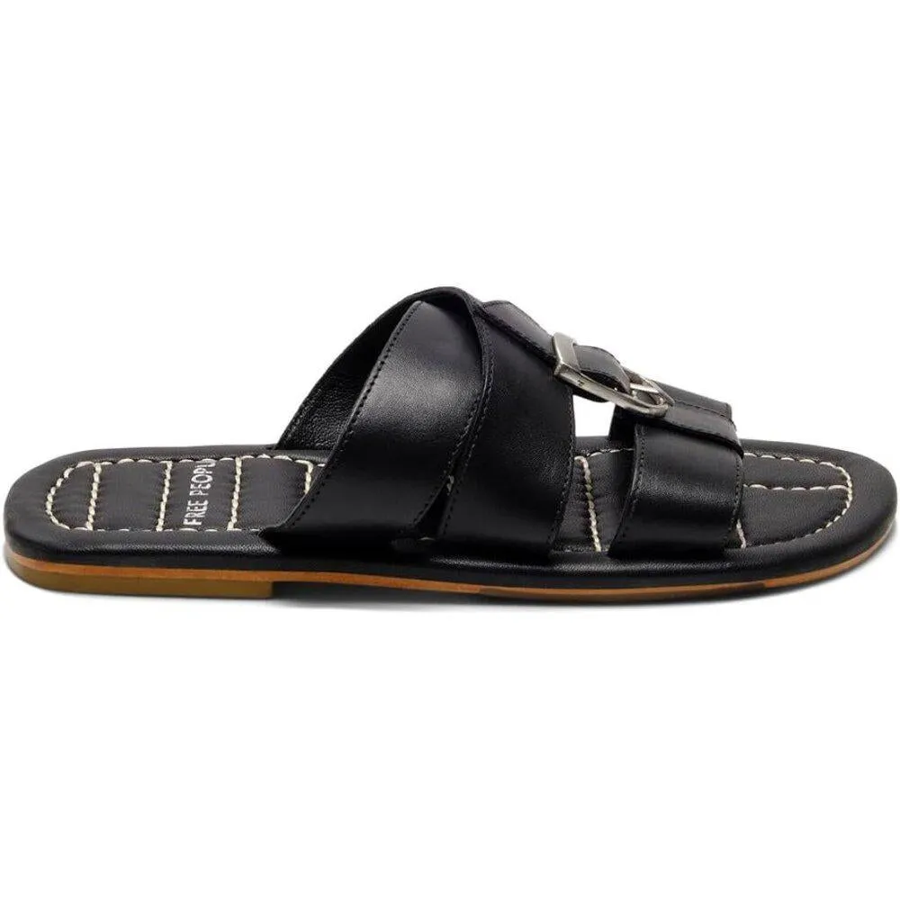 Free People Sandals Sloan Black Leather Buckle Flat Slides