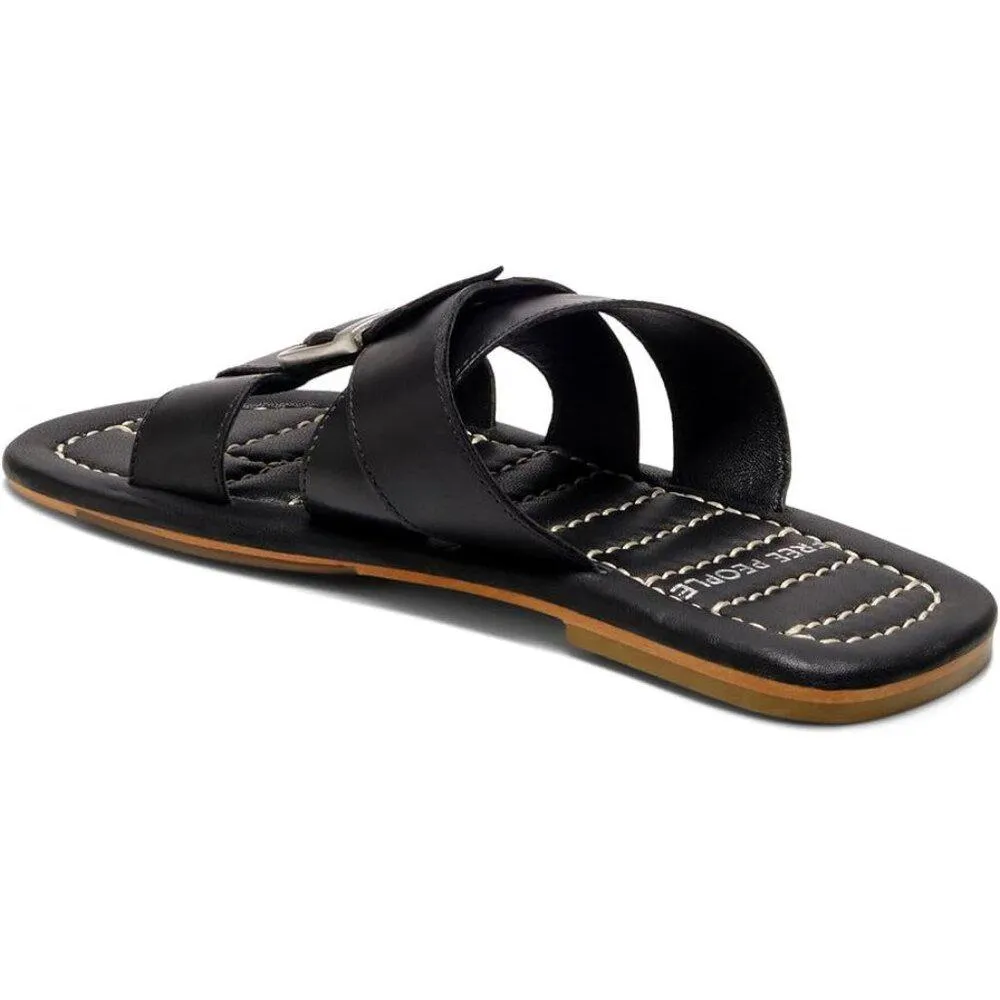 Free People Sandals Sloan Black Leather Buckle Flat Slides