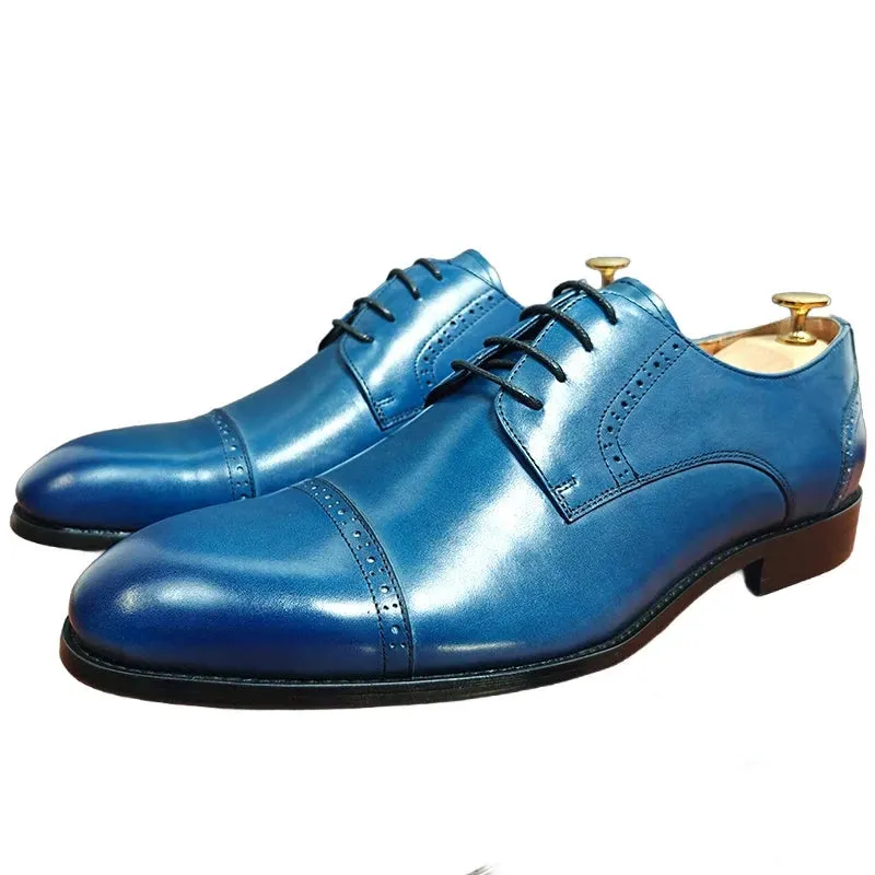 Lace Up Blue Black Derby Men's Leather Shoes