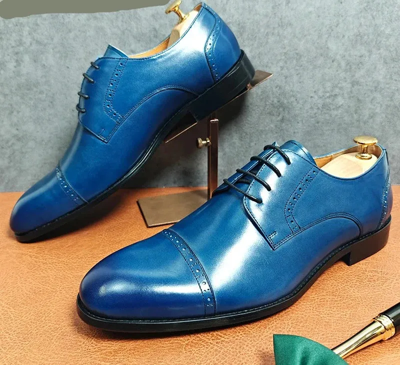 Lace Up Blue Black Derby Men's Leather Shoes
