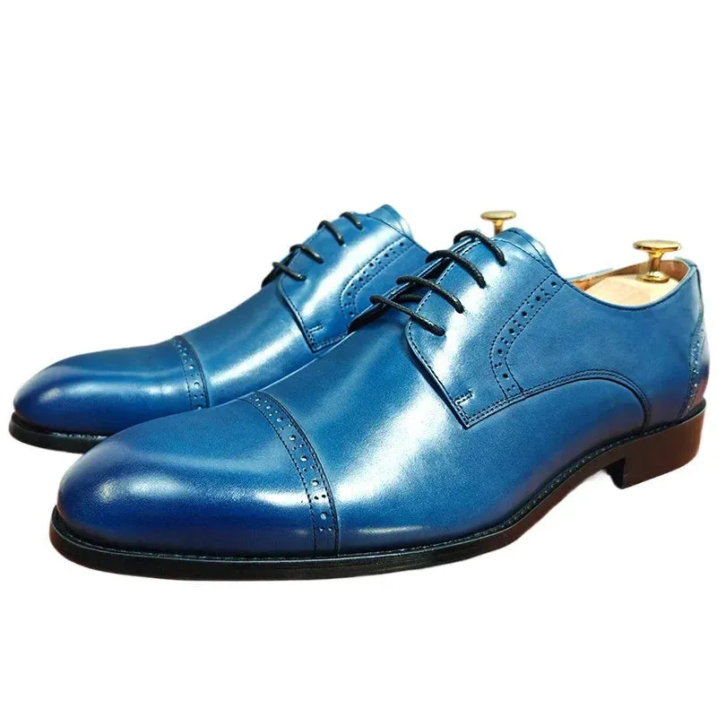Lace Up Blue Black Derby Men's Leather Shoes