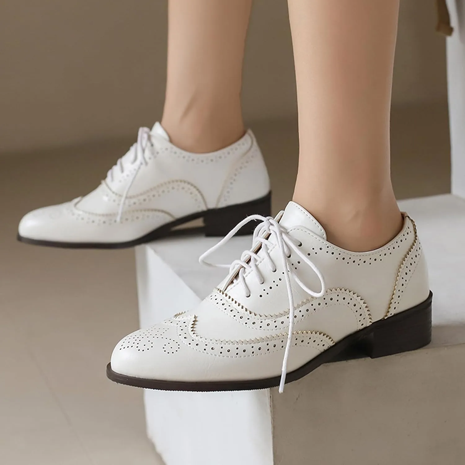 Lace Up Brogue Derby Women Low Block Heel Oxfords
