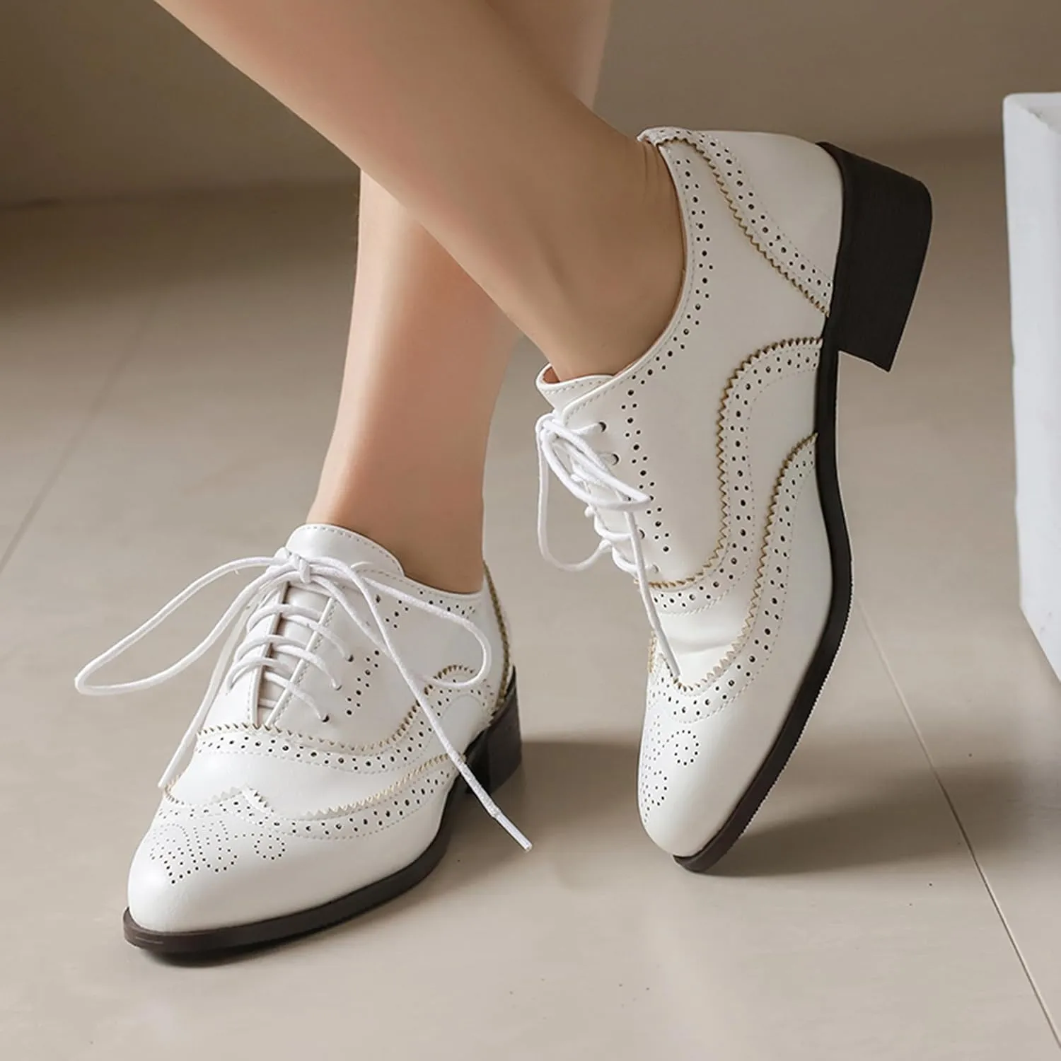 Lace Up Brogue Derby Women Low Block Heel Oxfords