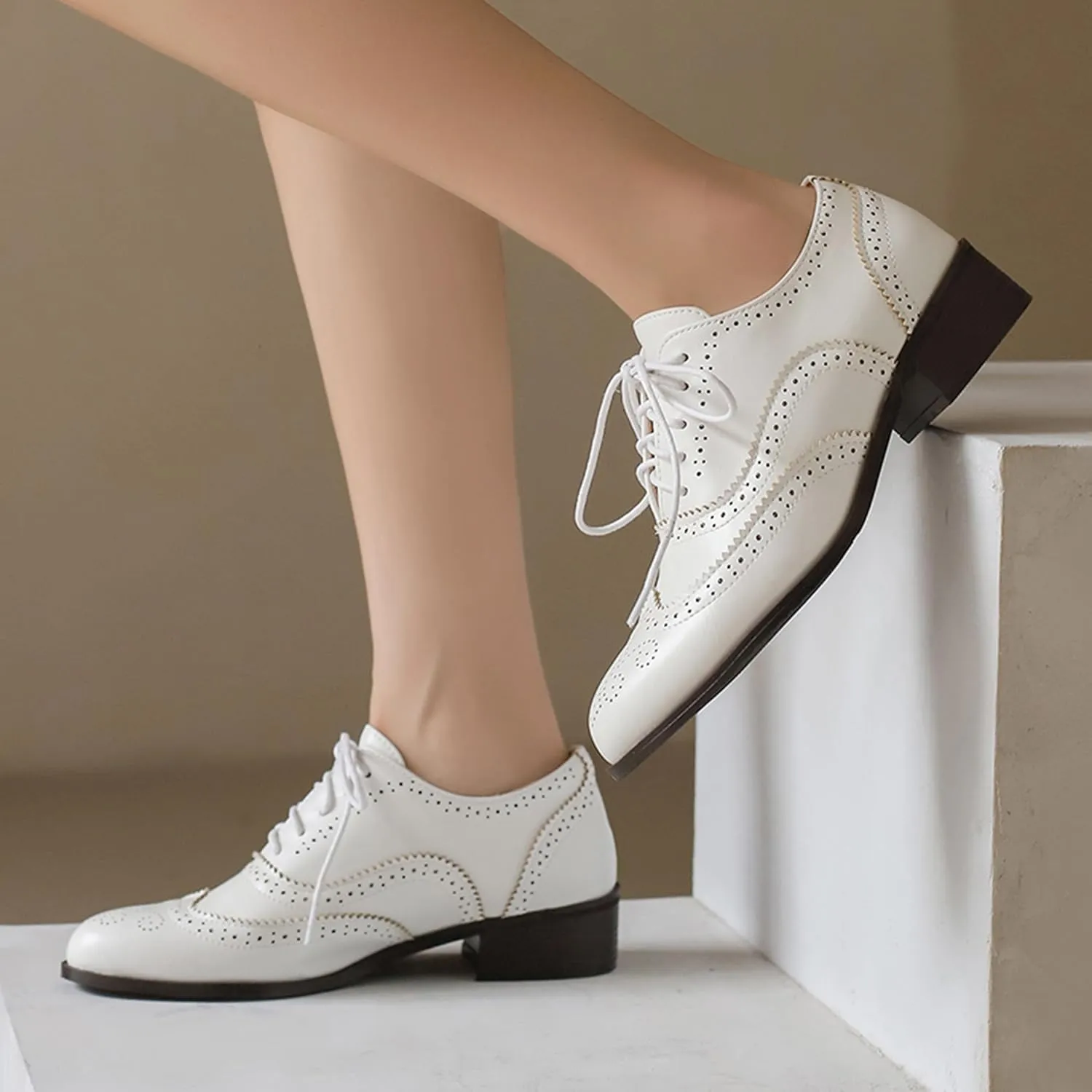 Lace Up Brogue Derby Women Low Block Heel Oxfords