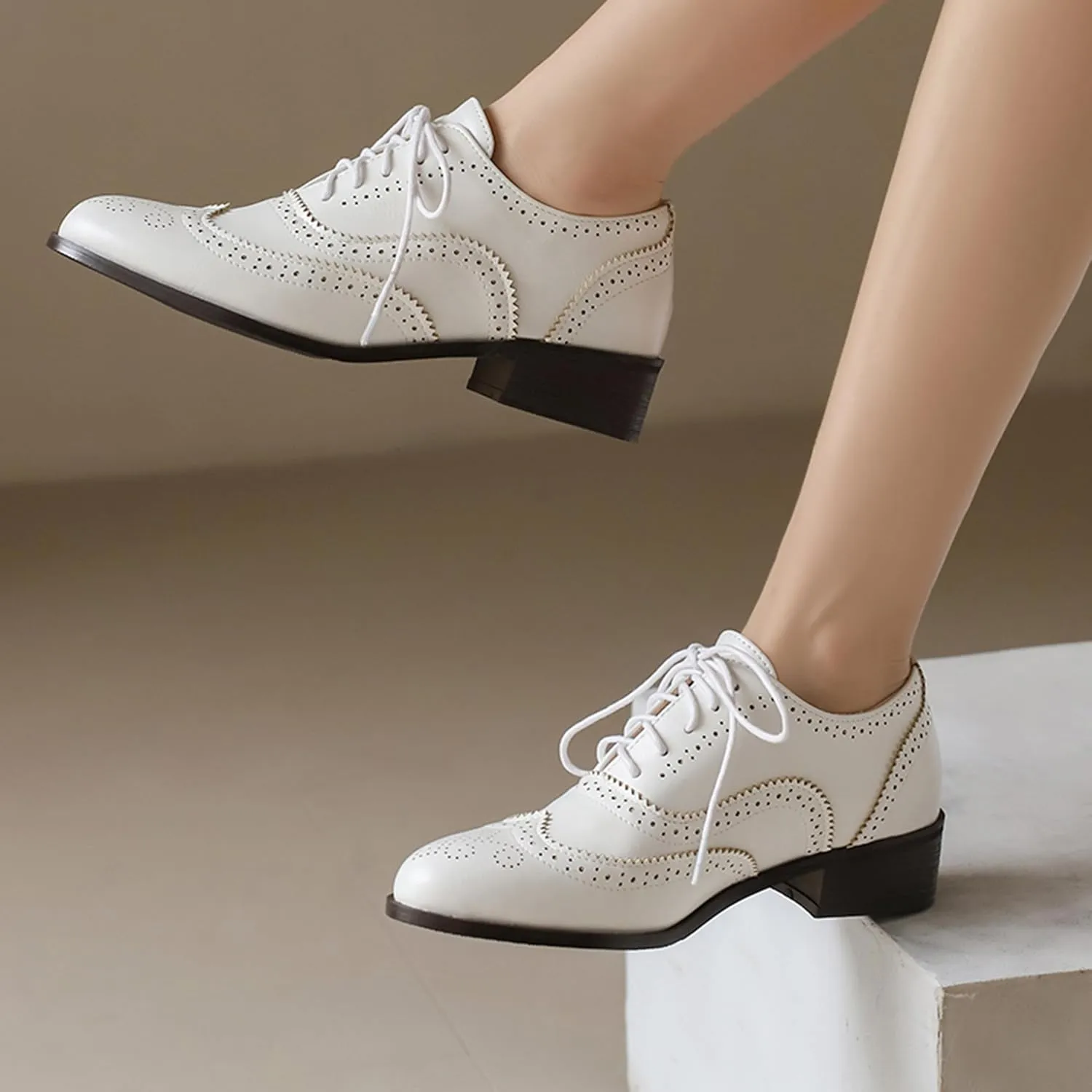 Lace Up Brogue Derby Women Low Block Heel Oxfords