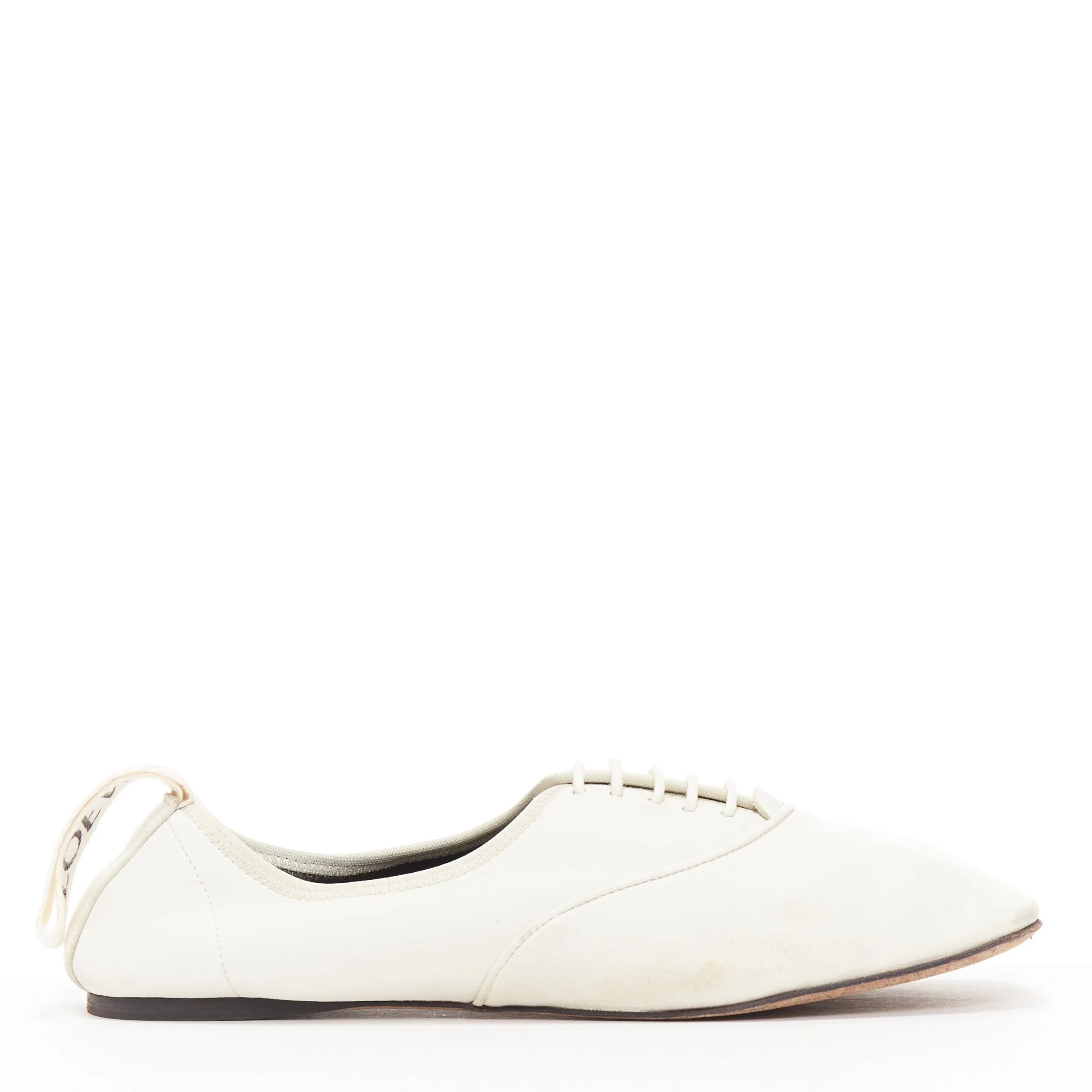 LOEWE Derby white soft leather black logo tab lace up flat shoes EU37