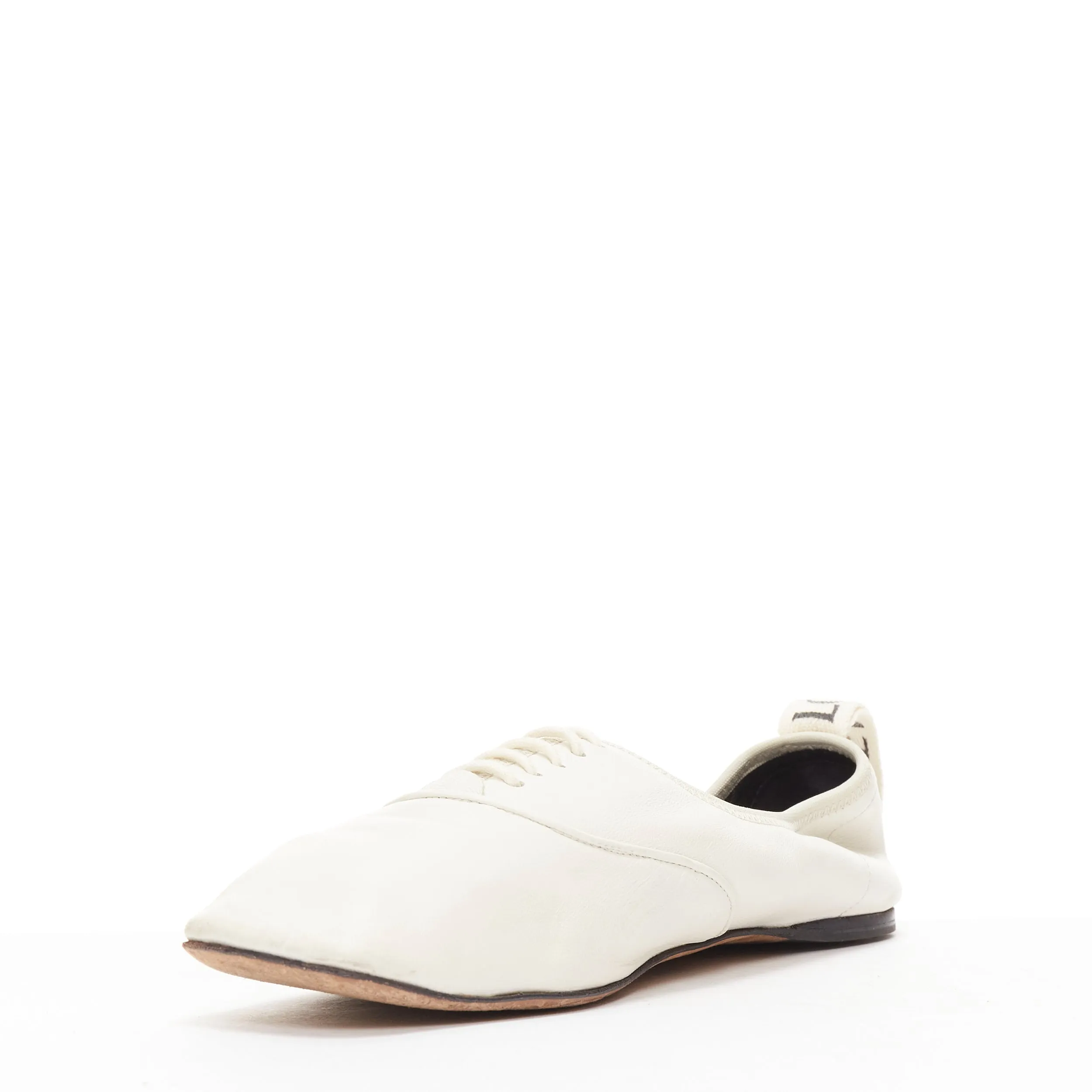 LOEWE Derby white soft leather black logo tab lace up flat shoes EU37