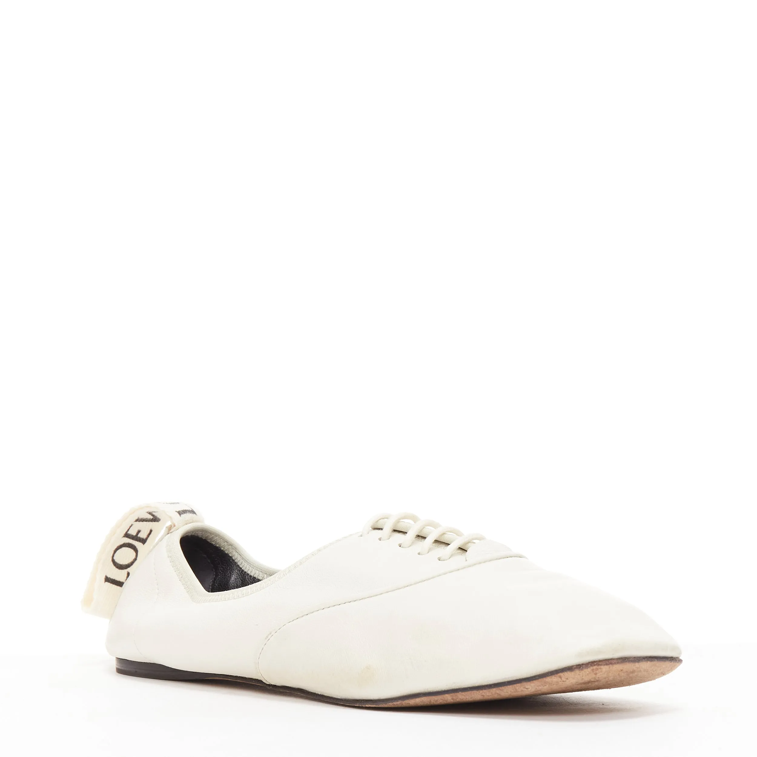 LOEWE Derby white soft leather black logo tab lace up flat shoes EU37