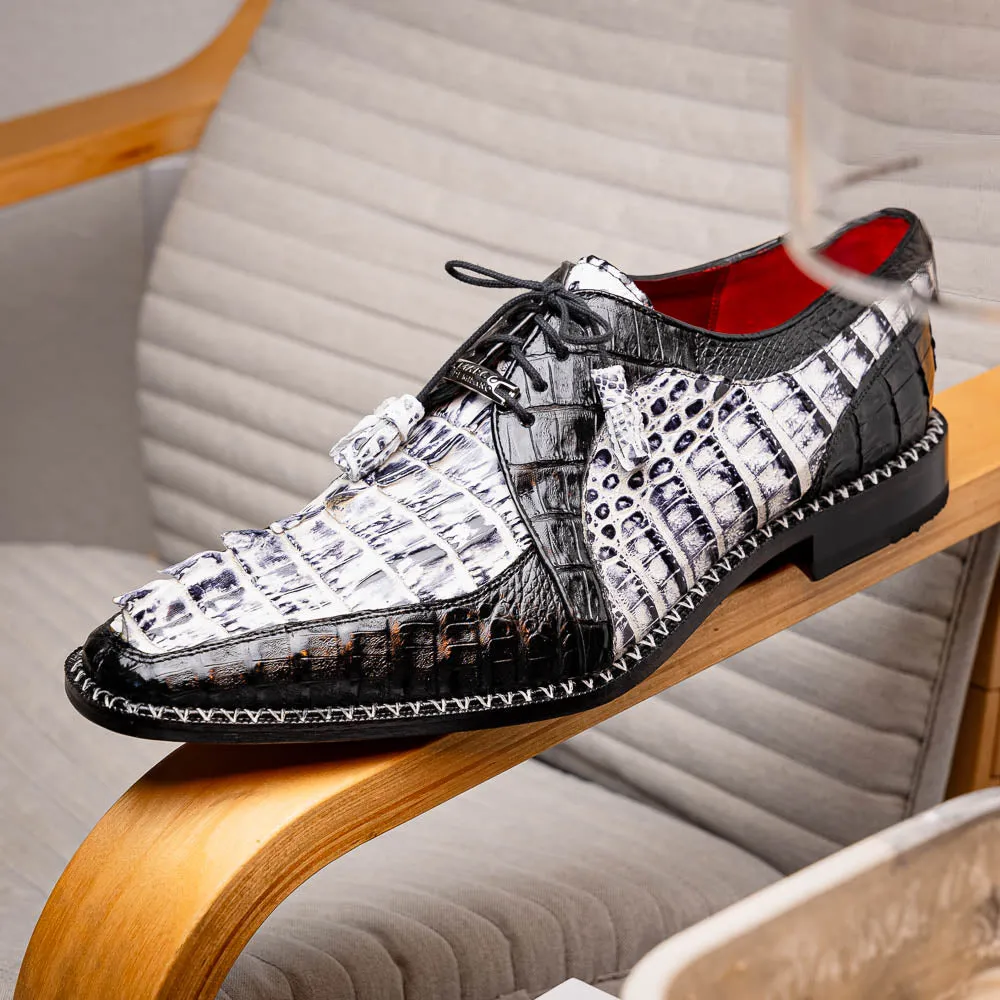 Marco Di Milano Caribe in Newspaper / Black Caiman Hornback Caiman Derby Shoes