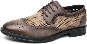 Men's Lace up Leather Mesh Splicing Wingtip Oxfords Pointed Toe Comfortable Breathable Non-Slip Business Derby Shoes for Work Evening Dating Dress Shoes