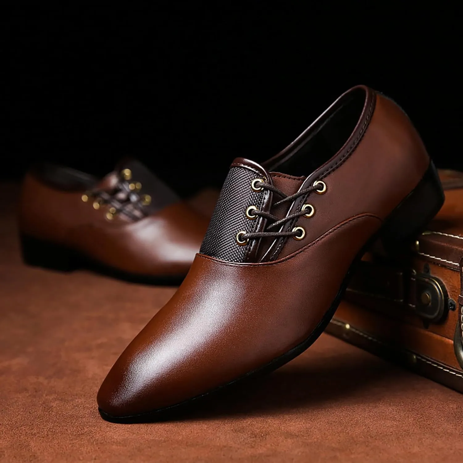 Men's Slip on Pointed Toe Oxford Shoes,Fashion Patent Leather Lace-up Decoration Formal Business Office Derby Dress Shoes Casual Comfy Non-Slip Flat Oxfords