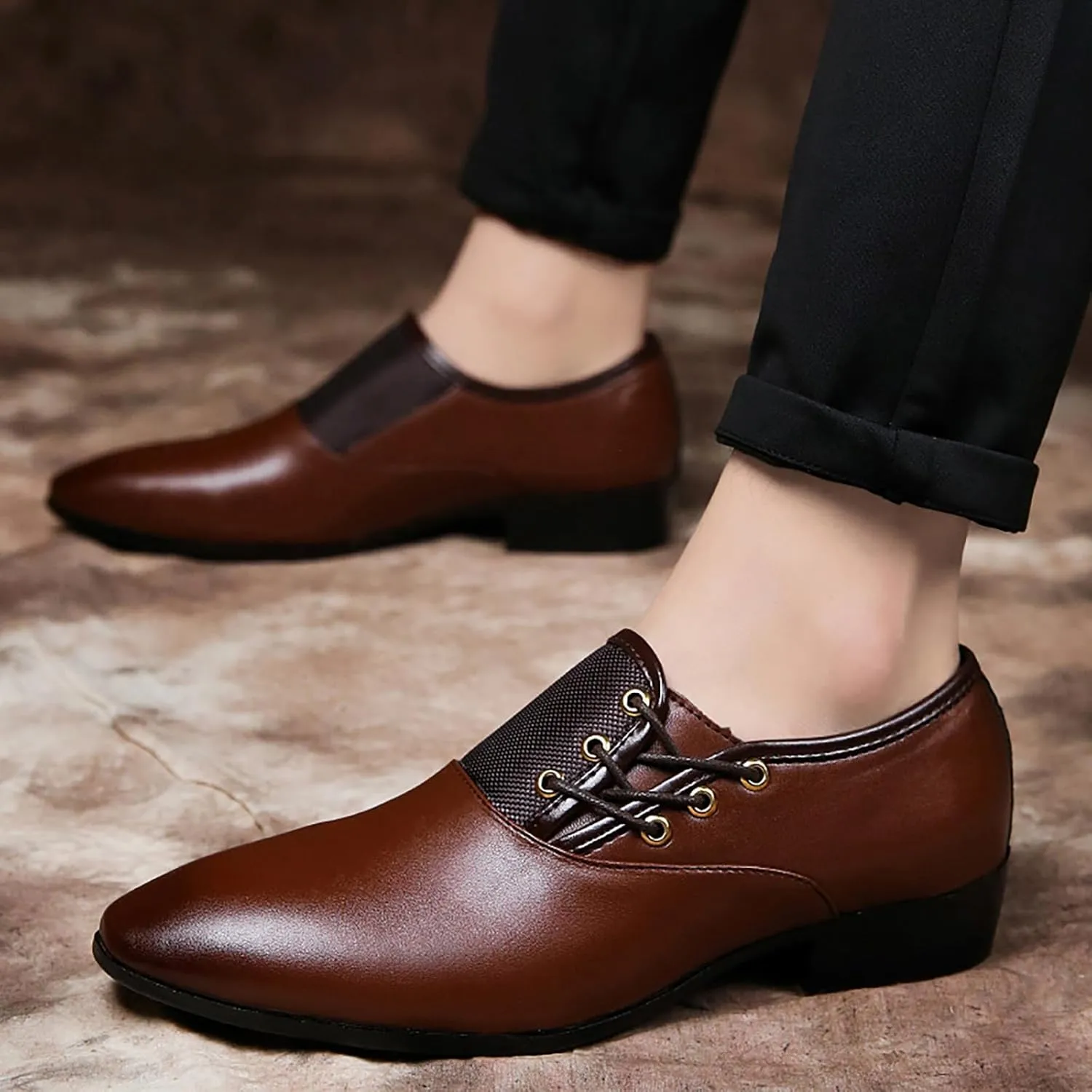 Men's Slip on Pointed Toe Oxford Shoes,Fashion Patent Leather Lace-up Decoration Formal Business Office Derby Dress Shoes Casual Comfy Non-Slip Flat Oxfords