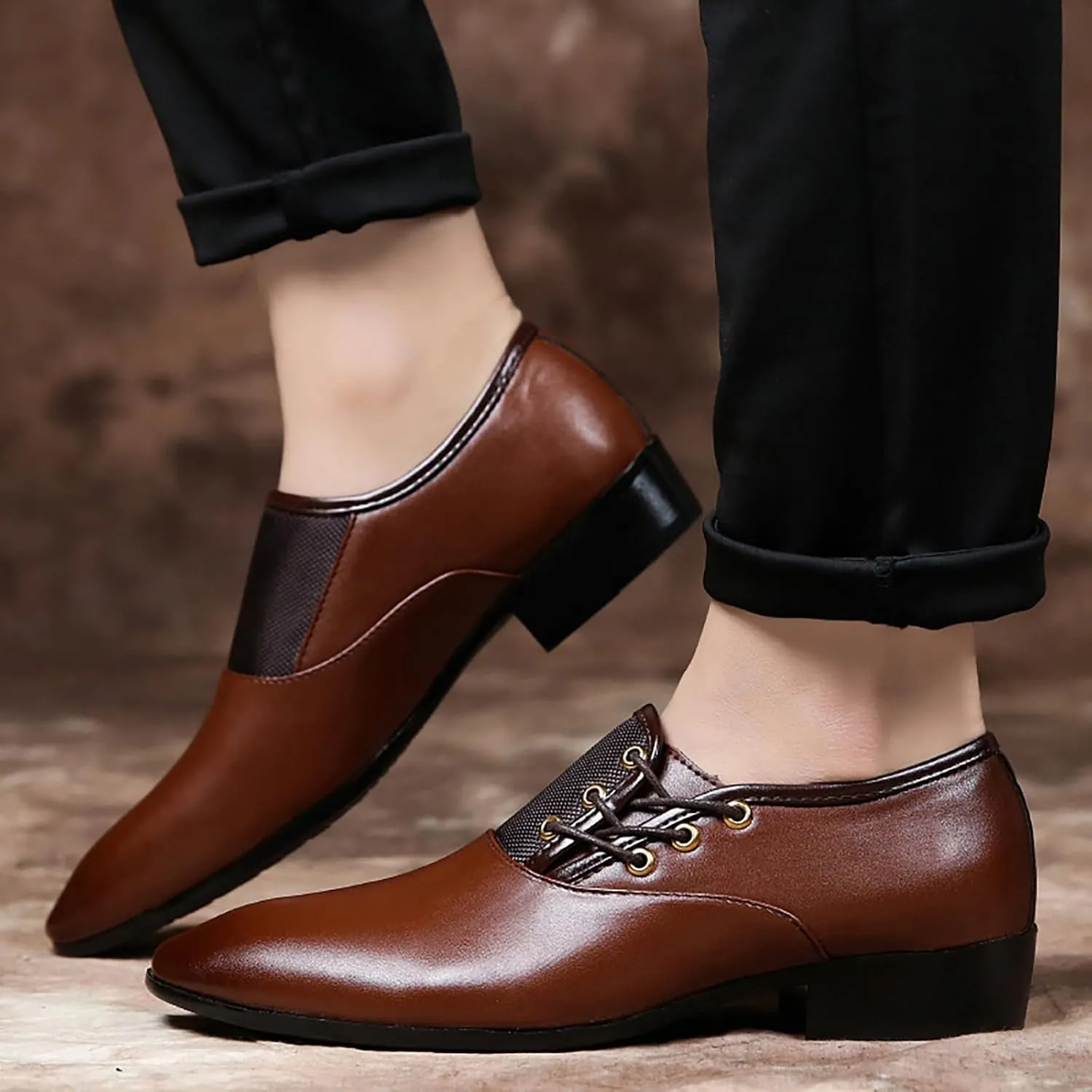 Men's Slip on Pointed Toe Oxford Shoes,Fashion Patent Leather Lace-up Decoration Formal Business Office Derby Dress Shoes Casual Comfy Non-Slip Flat Oxfords