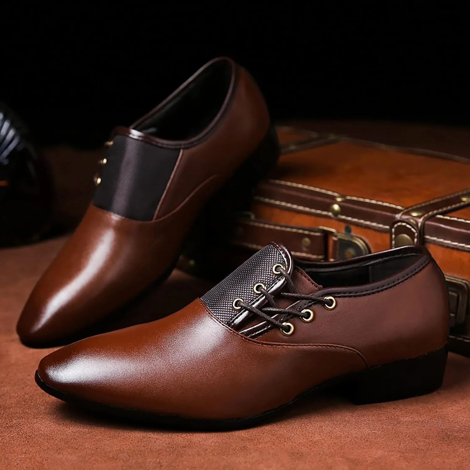 Men's Slip on Pointed Toe Oxford Shoes,Fashion Patent Leather Lace-up Decoration Formal Business Office Derby Dress Shoes Casual Comfy Non-Slip Flat Oxfords