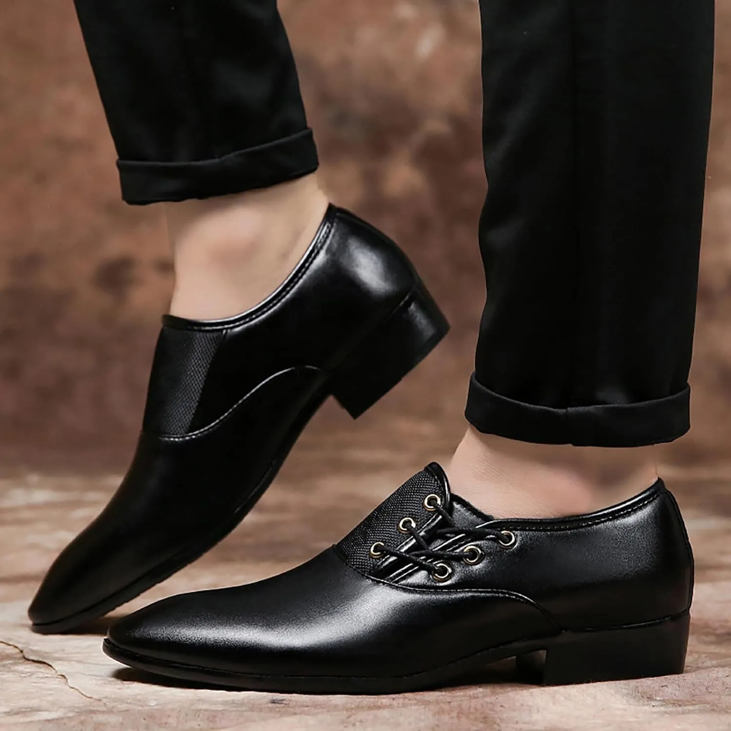 Men's Slip on Pointed Toe Oxford Shoes,Fashion Patent Leather Lace-up Decoration Formal Business Office Derby Dress Shoes Casual Comfy Non-Slip Flat Oxfords