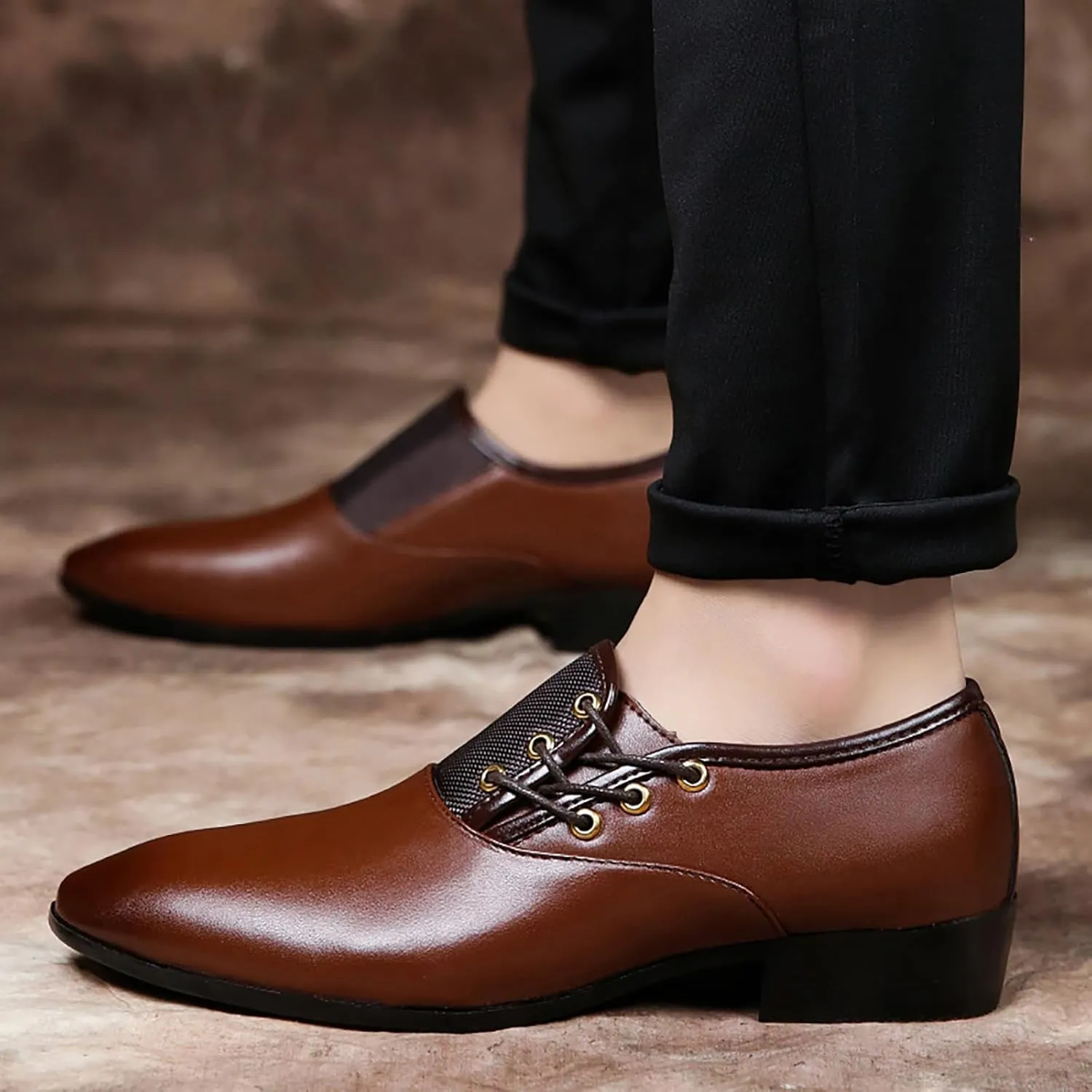 Men's Slip on Pointed Toe Oxford Shoes,Fashion Patent Leather Lace-up Decoration Formal Business Office Derby Dress Shoes Casual Comfy Non-Slip Flat Oxfords