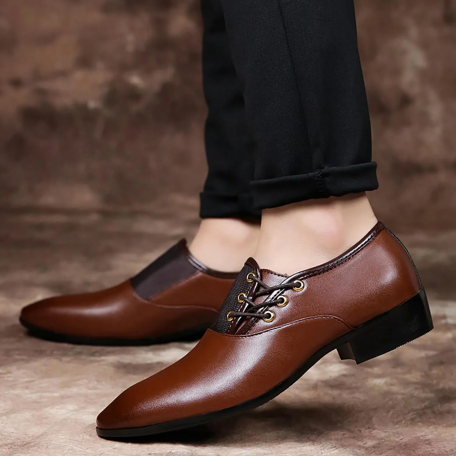 Men's Slip on Pointed Toe Oxford Shoes,Fashion Patent Leather Lace-up Decoration Formal Business Office Derby Dress Shoes Casual Comfy Non-Slip Flat Oxfords