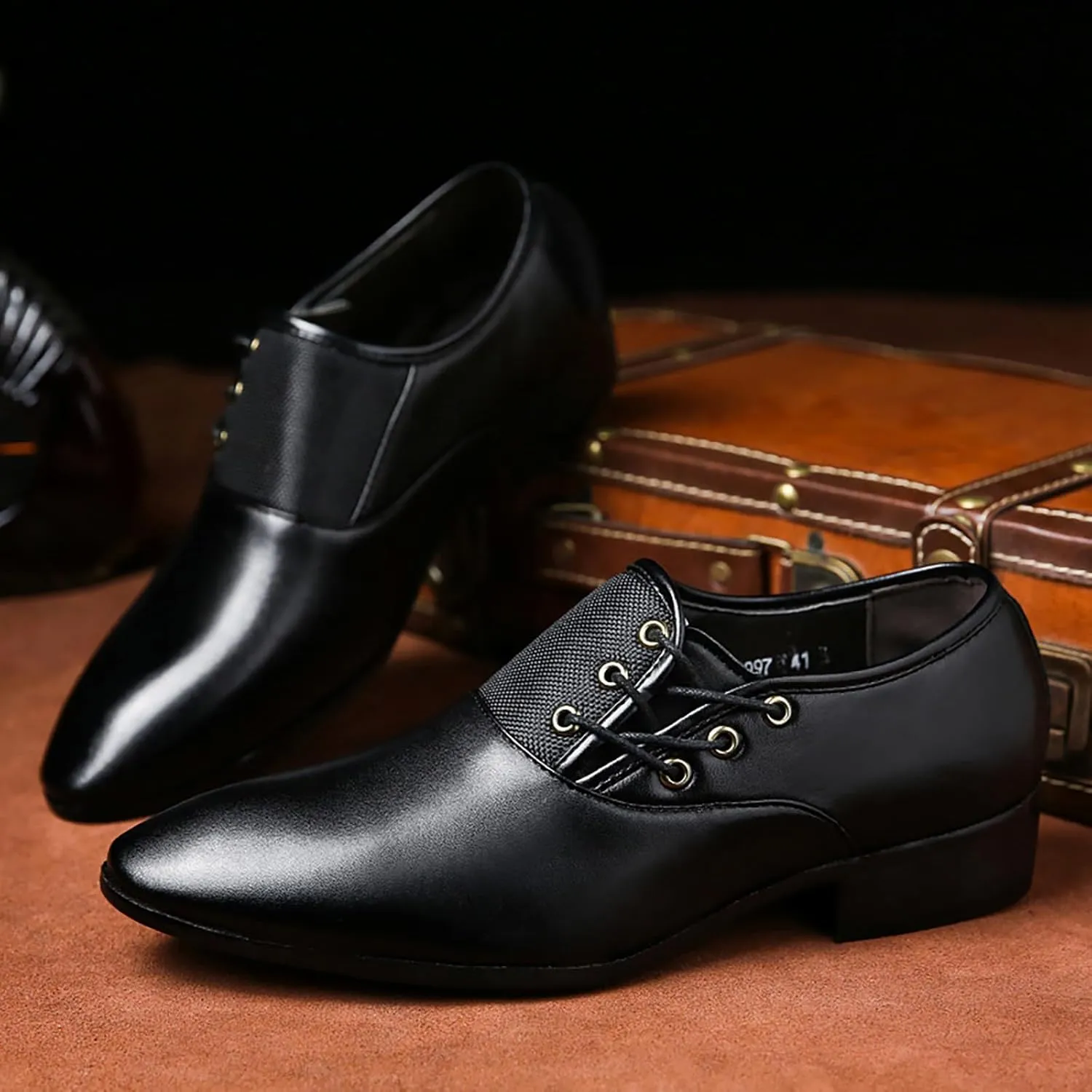 Men's Slip on Pointed Toe Oxford Shoes,Fashion Patent Leather Lace-up Decoration Formal Business Office Derby Dress Shoes Casual Comfy Non-Slip Flat Oxfords