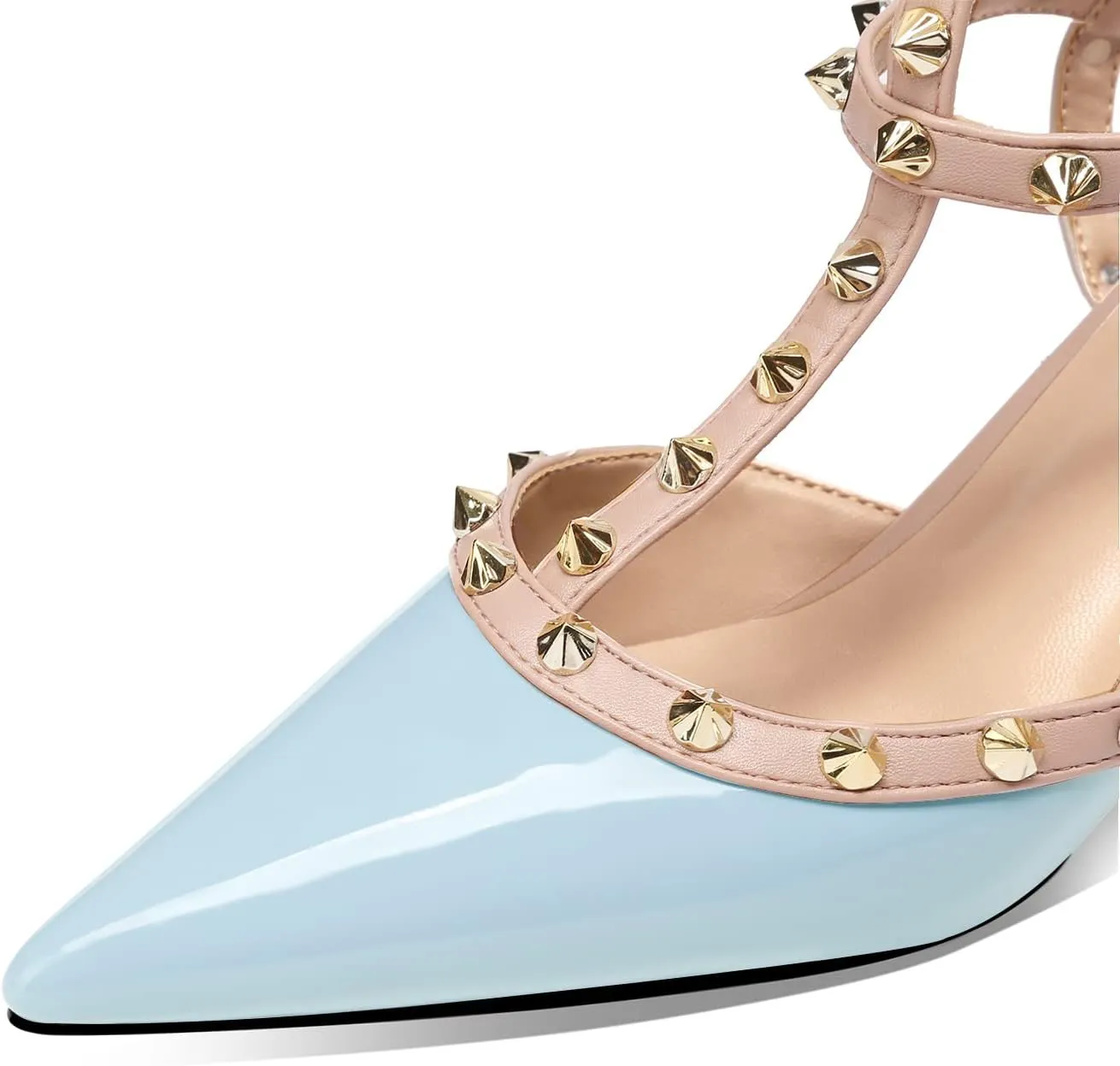 MIRAAZZURRA Women Heeled Sandals Rivet Studded T-Strap Wedding Shoes Stiletto High Heels Pointed Toe Slip On Bridal Pumps for Women