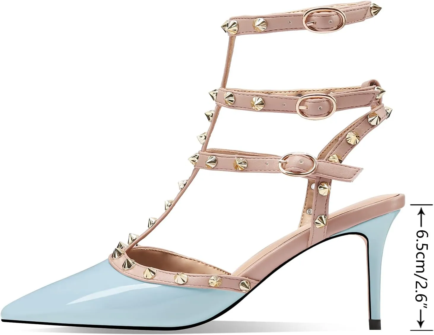 MIRAAZZURRA Women Heeled Sandals Rivet Studded T-Strap Wedding Shoes Stiletto High Heels Pointed Toe Slip On Bridal Pumps for Women