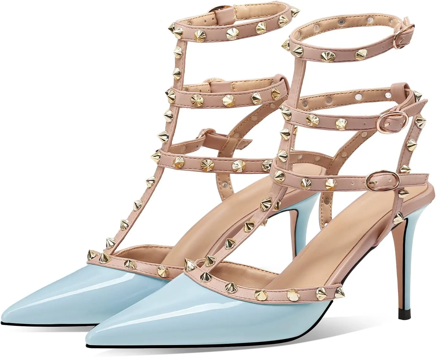 MIRAAZZURRA Women Heeled Sandals Rivet Studded T-Strap Wedding Shoes Stiletto High Heels Pointed Toe Slip On Bridal Pumps for Women