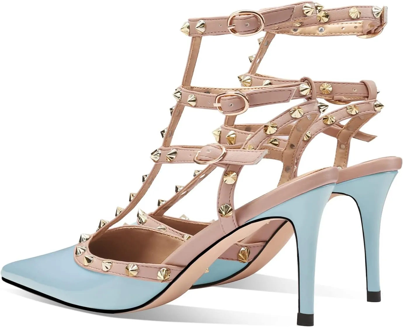 MIRAAZZURRA Women Heeled Sandals Rivet Studded T-Strap Wedding Shoes Stiletto High Heels Pointed Toe Slip On Bridal Pumps for Women