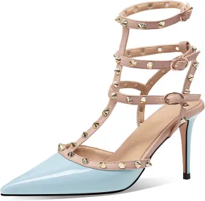 MIRAAZZURRA Women Heeled Sandals Rivet Studded T-Strap Wedding Shoes Stiletto High Heels Pointed Toe Slip On Bridal Pumps for Women