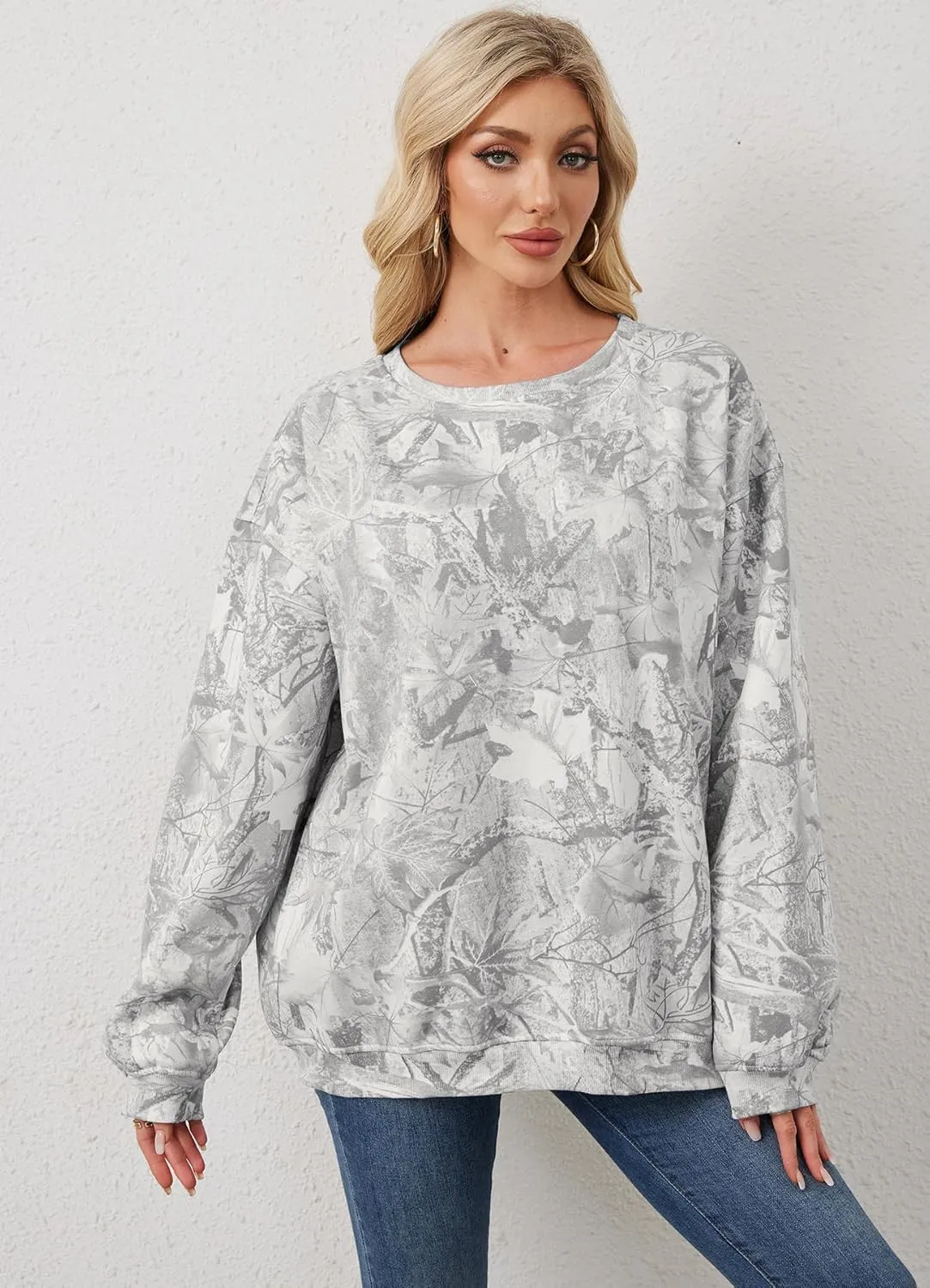 Oversized Camo Sweatshirt For Women Men Maple Leaf Camouflage Sweatshirts Hunting Camo Pullover Tops