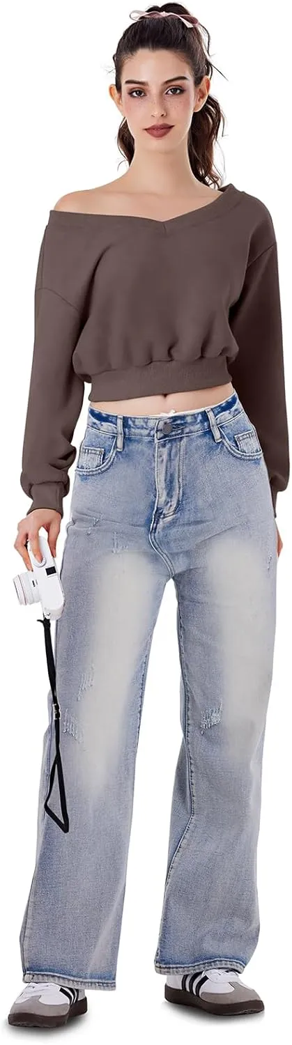 REORIA Womens Cropped Oversized Sweatshirts V Neck Long Sleeve Pullover 2024 Fall Teen Girls Y2K Fashion Crop Tops