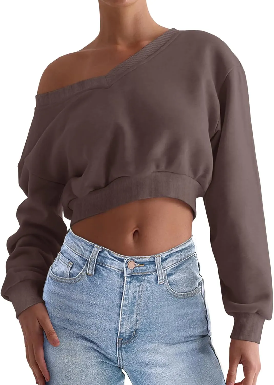 REORIA Womens Cropped Oversized Sweatshirts V Neck Long Sleeve Pullover 2024 Fall Teen Girls Y2K Fashion Crop Tops