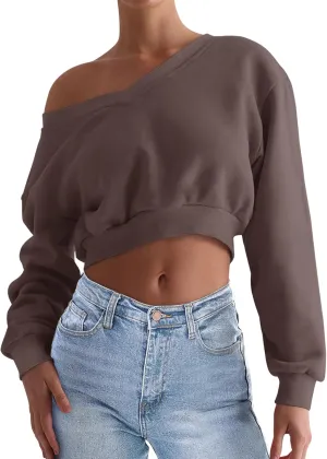 REORIA Womens Cropped Oversized Sweatshirts V Neck Long Sleeve Pullover 2024 Fall Teen Girls Y2K Fashion Crop Tops