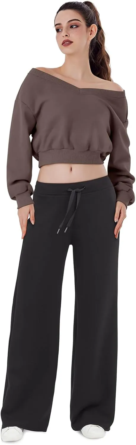 REORIA Womens Cropped Oversized Sweatshirts V Neck Long Sleeve Pullover 2024 Fall Teen Girls Y2K Fashion Crop Tops