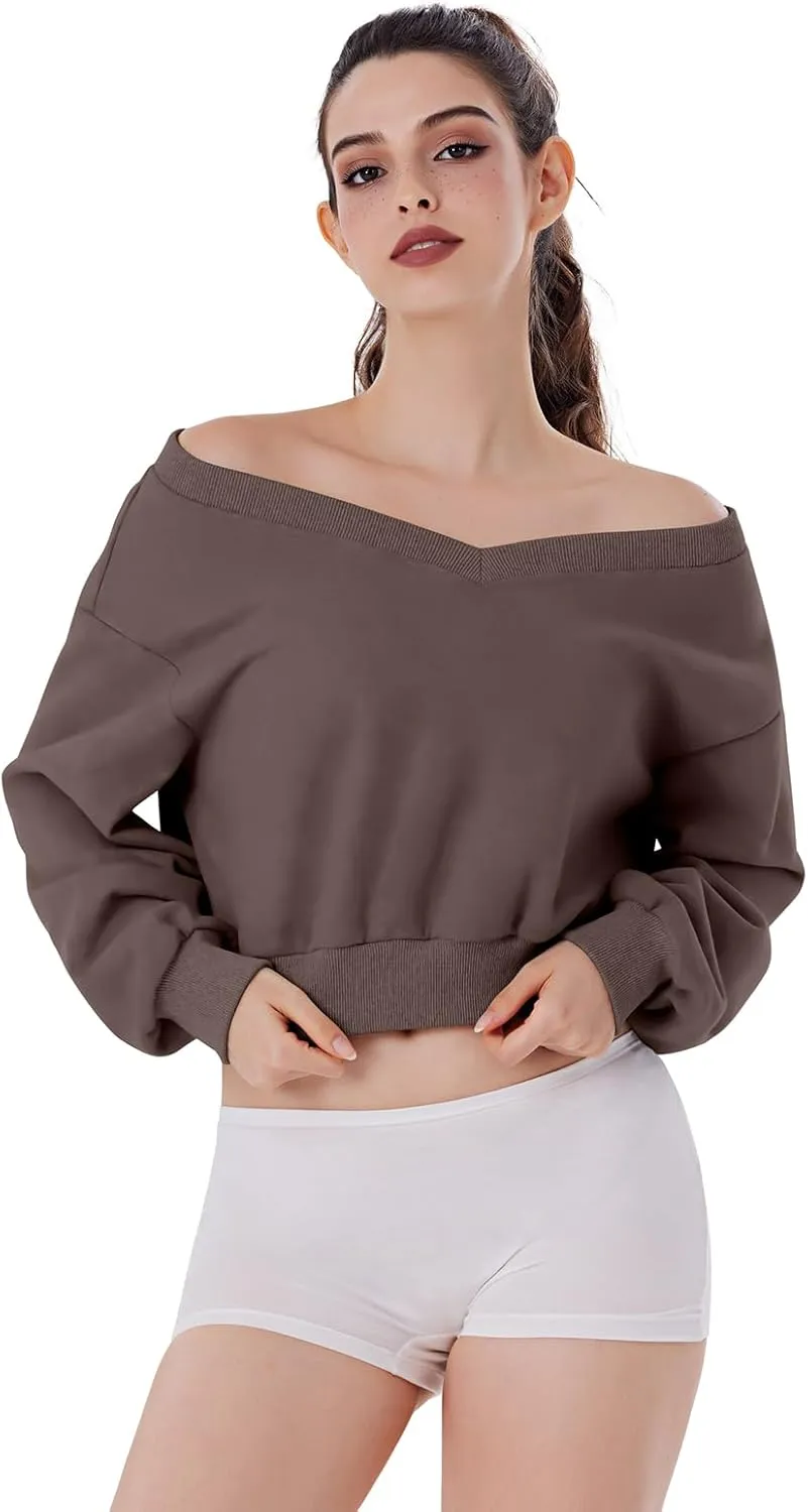 REORIA Womens Cropped Oversized Sweatshirts V Neck Long Sleeve Pullover 2024 Fall Teen Girls Y2K Fashion Crop Tops