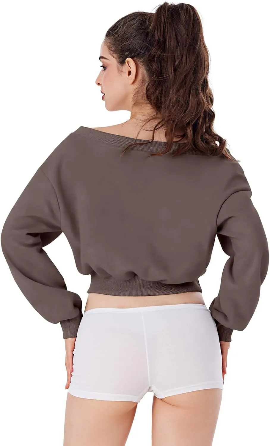 REORIA Womens Cropped Oversized Sweatshirts V Neck Long Sleeve Pullover 2024 Fall Teen Girls Y2K Fashion Crop Tops