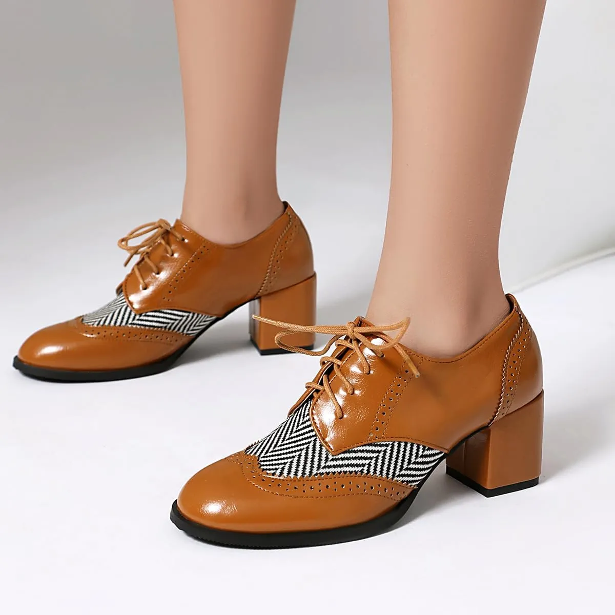 SACFOF Women's Chunky High Heels Wingtip Oxfords Round Toe Lace Up Stacked Block Heel Vintage Round Toe Brogues Pumps Shoes