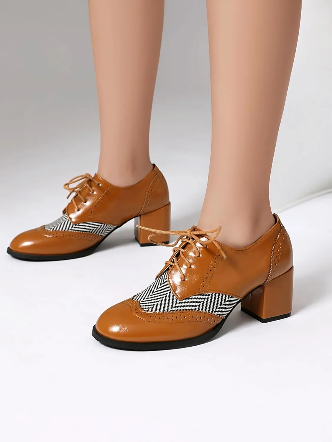 SACFOF Women's Chunky High Heels Wingtip Oxfords Round Toe Lace Up Stacked Block Heel Vintage Round Toe Brogues Pumps Shoes