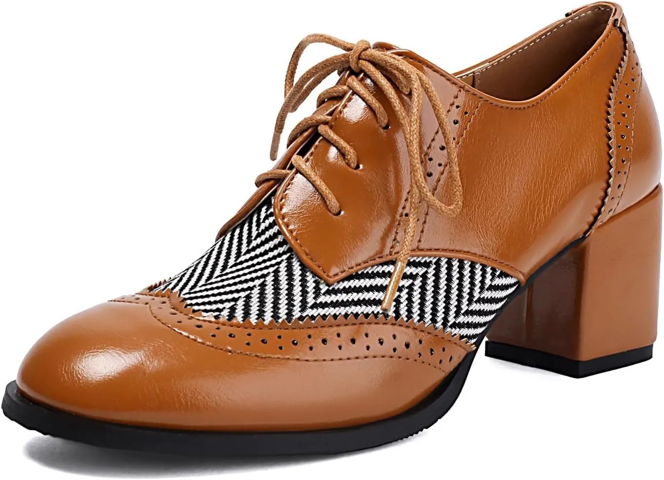 SACFOF Women's Chunky High Heels Wingtip Oxfords Round Toe Lace Up Stacked Block Heel Vintage Round Toe Brogues Pumps Shoes