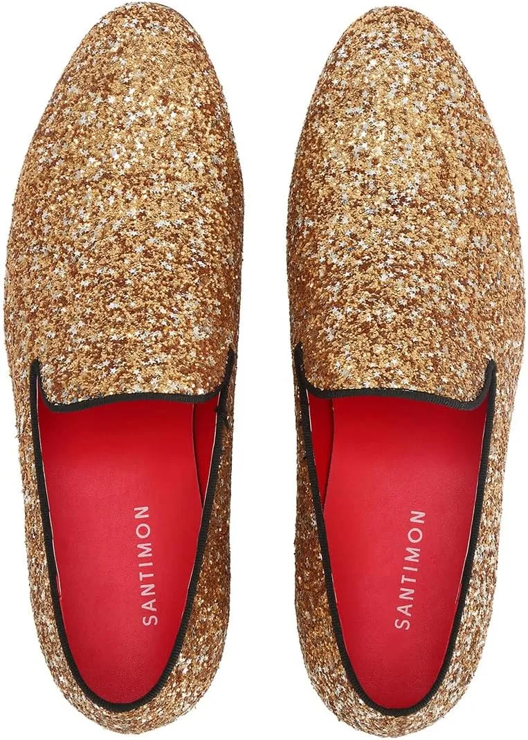 Santimon Mens Slip On Loafer Shoes Metallic Sequins Nightclub Glitter Loafers Luxury Wedding Prom Shoes