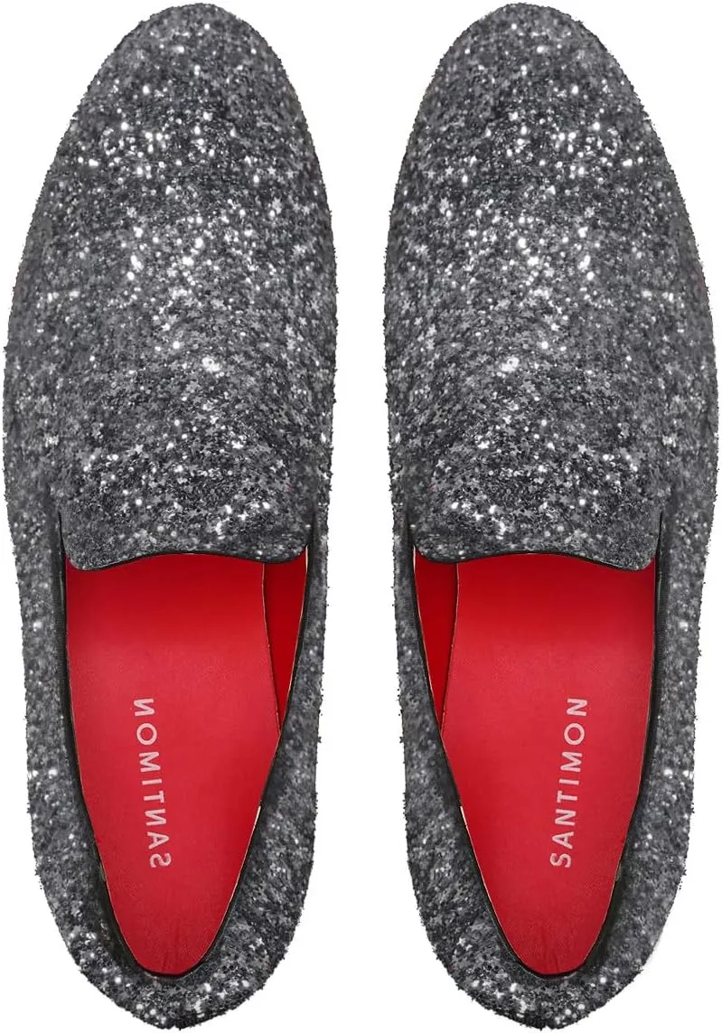 Santimon Mens Slip On Loafer Shoes Metallic Sequins Nightclub Glitter Loafers Luxury Wedding Prom Shoes